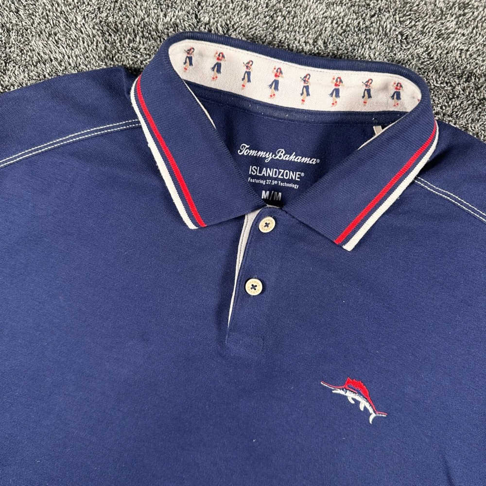 Tommy Bahama Polo Shirt Mens M IslandZone Navy Blue Tipped Collar Hula Girl Trim